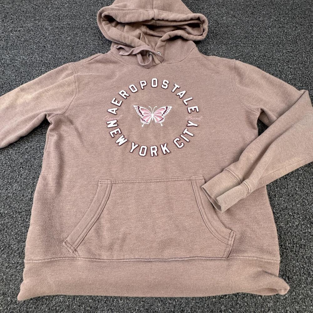 Aeropostale Hoodie Womens XS Brown Pullover Hooded Pockets Embroidered Fleece